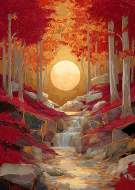 Autumn Forest Waterfall Gold Moon Kintsugi