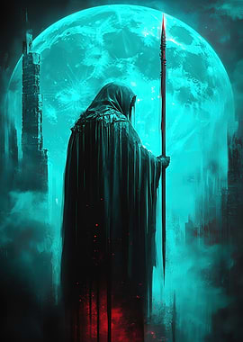 Hooded Figure with Spear and Moon