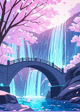 Anime Background Waterfall Bridge with Cherry Blossoms Sakura Japan