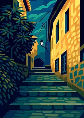 Tossa de Mar, Spain – Stylized Mediterranean Alleyway Art deco Print | Vintage style