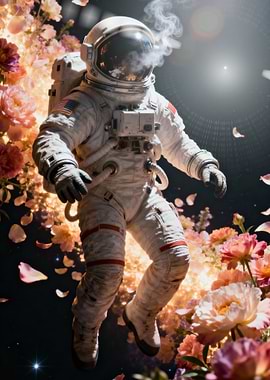 Astronaut in space with flowers
