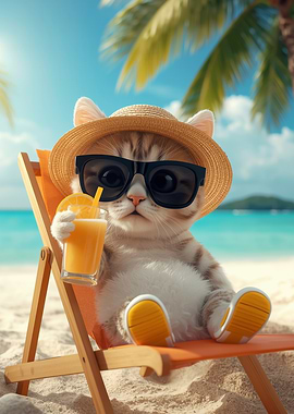 Cat on Beach with Drink
