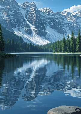 snowy Mountain range Lake Reflection forest pine trees
