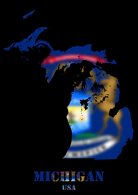 Michigan State USA Topographic Contour Relief Map blending terrain features into its emblematic colorful flag