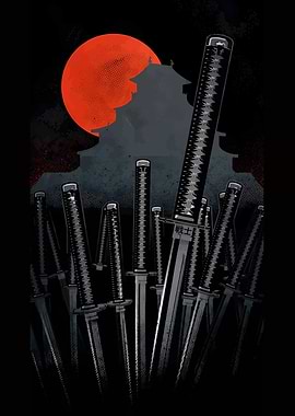 Samurai Swords with Red Moon