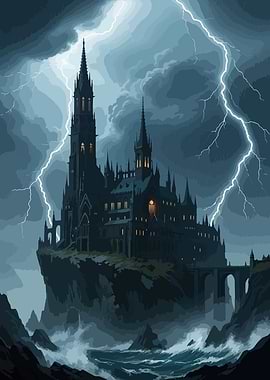 Dark Castle Under Lightning Storm