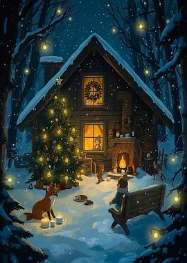 Winter Cabin Christmas Eve Scene