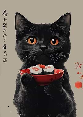 Black Cat Holding Sushi Plate