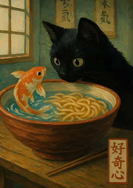 Cat, Fish, and Ramen Bowl Art