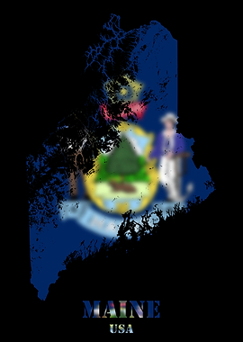 Maine USA Topographic Contour Relief Map blending terrain features into its emblematic colorful flag