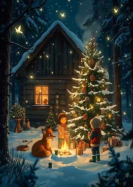 Winter Cabin Scene with Children and Fox