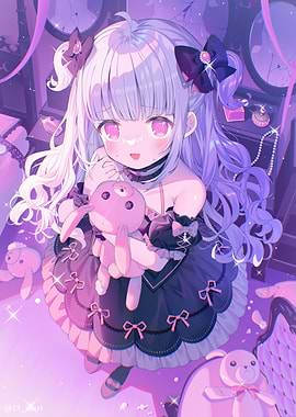 Anime Girl with Bunny in Purple Room