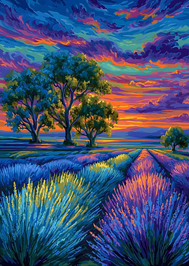 Lavender Field at Sunset Painting
