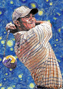Tiger Woods Golfing Starry Night Painting
