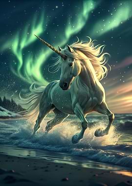 Unicorn galloping on the Sea Beach by northern lights