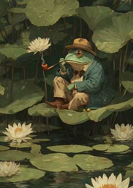 Dapper Frog Smoking Pipe in Lily Pond