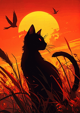 Black Cat Silhouette at Sunset