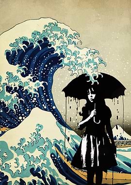 Girl with Umbrella and Great Wave