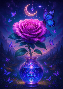 Purple Rose in Crystal Vase with Butterflies