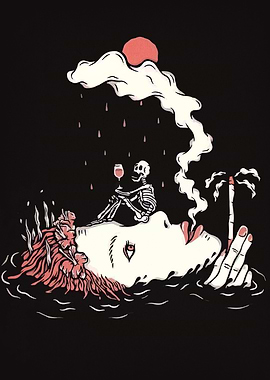 Surreal Dreamscape with Skeleton and Woman