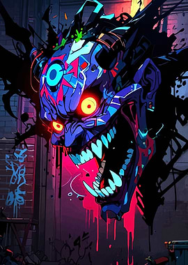 Cyberpunk Demon Head in Alleyway