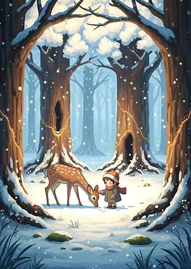 Winter Forest Scene with Child and Deer