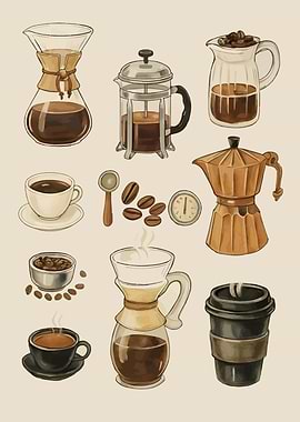 Coffee Brewing Methods Watercolor Illustration