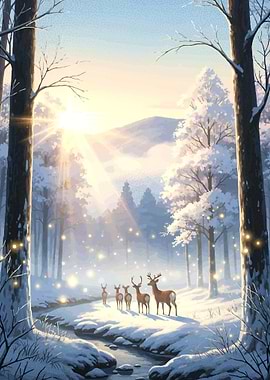 Winter Forest with Deer and Sunlight