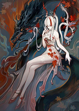 Anime Girl with Dragon and Maple Leaves