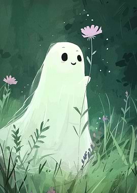 Cute Ghost with Flower in Meadow