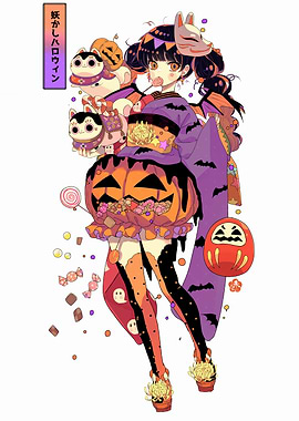 Halloween Kimono Girl with Pumpkin