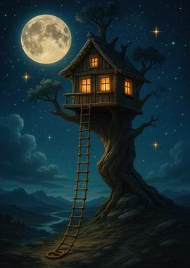 Whimsical Treehouse Under a Full Moon