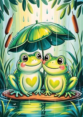 Two Kawaii Frogs Under Umbrella in Rain Carton animal