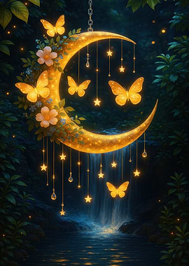 Golden Moon with Butterflies and Stars
