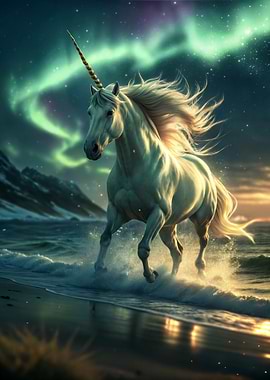 Unicorn on the Sea Beach by northern Lights