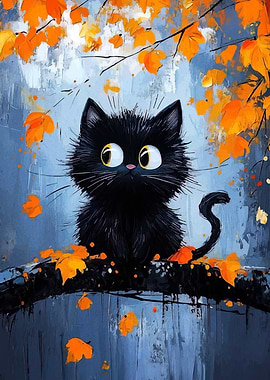 Black Cat in Autumn Painting