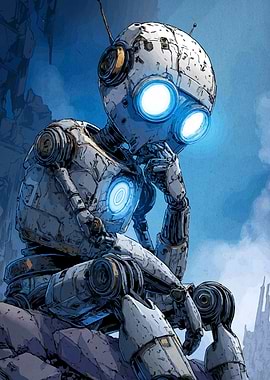 Pensive Robot on Rocky Outcrop