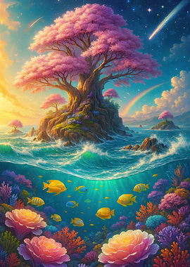 Fantasy Island with Underwater Coral Reef