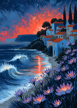 Coastal Village at Sunset Painting
