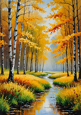 Autumn Forest Stream Painting