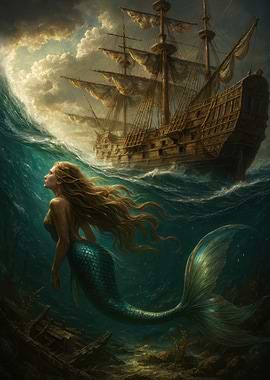 Mermaid and Ship in Stormy Seas