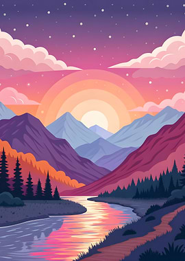 Colorful Layered Mountain Sunset Landscape