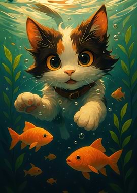 Cartoon Cat Swimming with Goldfish