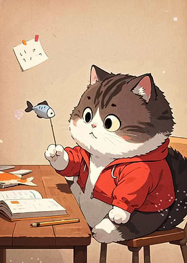 Cartoon Cat with Fish Toy