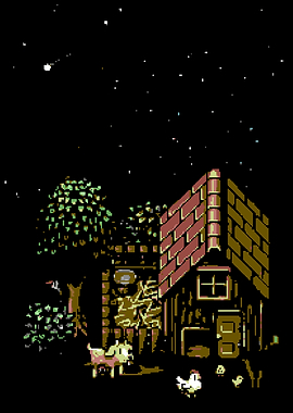 Pixel Art Night Scene with Cabin