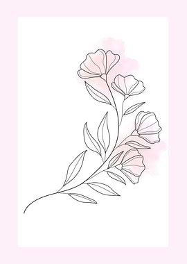 Floral Line Art with Pink Watercolor