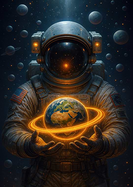 Astronaut Holding Earth with Ring