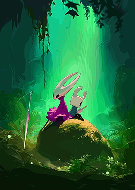 Hollow Knight characters in green forest