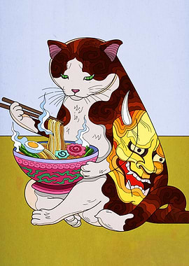 Cat eating ramen with Oni tattoo