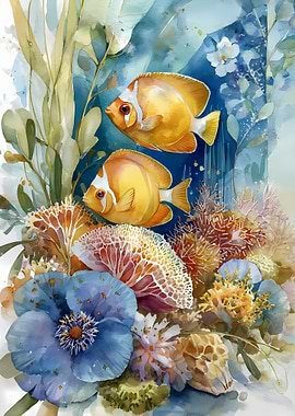 Watercolor Fish and Coral Reef Art